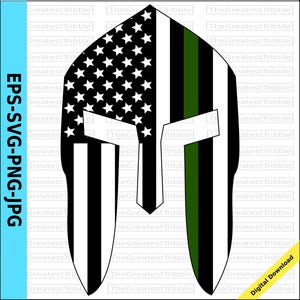 Spartan Helmet Front Thin Green Line USA Flag American Flag eps svg png jpg Vector Graphic Clip Art Support Our Federal Agents
