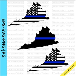 May include: A black and white outline of the state of Virginia with a blue line across the middle. The top half of the state is filled with the American flag, and the bottom half is solid black. The image is repeated twice.