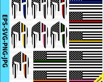 Support Movements Spartan Helmet Front Thin Blue Line Thin Red Line USA Flag American Flag eps svg png jpg Vector Graphic Clip Art