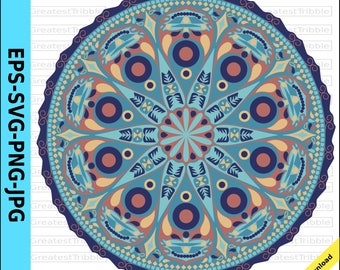 Mandala Clip Art eps svg png jpg Vector Graphic Clip Art Bohemian Tribal Pattern Outline Color Blue