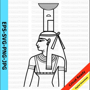 May include: Black and white line art illustration of an Egyptian goddess with a tall headdress and a long, flowing robe. The goddess is facing to the right and has a serene expression.