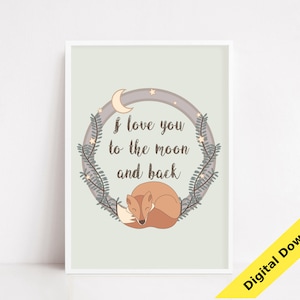 I love you to the moon and back Sleeping Fox Poster Nursery Room Decor Kids Room Decor Baby Gift PNG Woodland Nursery Decor Fox Wall Art image 1