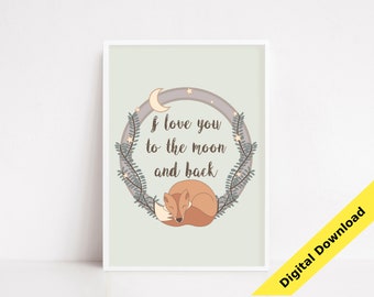 I love you to the moon and back Sleeping Fox Poster Nursery Room Decor Kids Room Decor Baby Gift PNG Woodland Nursery Decor Fox Wall Art