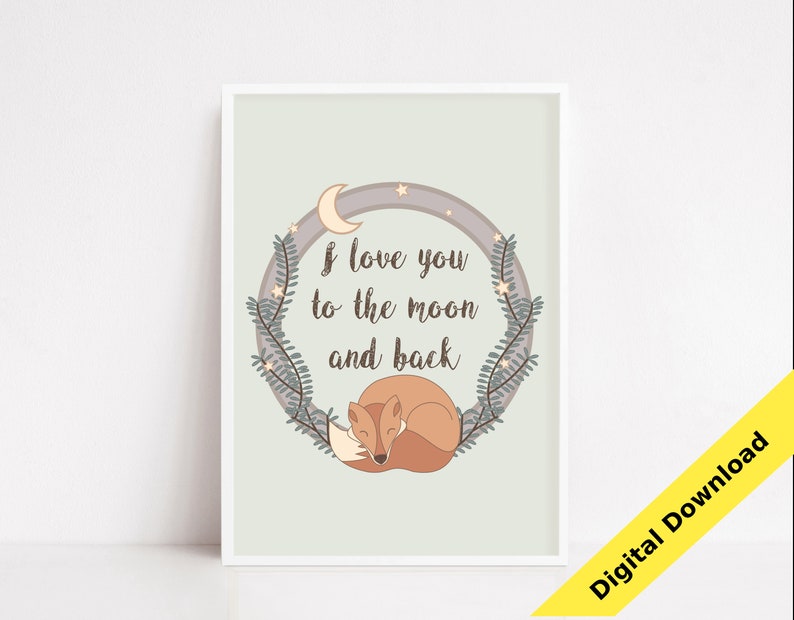 I love you to the moon and back Sleeping Fox Poster Nursery Room Decor Kids Room Decor Baby Gift PNG Woodland Nursery Decor Fox Wall Art image 1