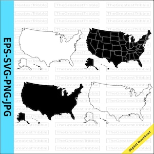 US States Map with Hawaii Alaska svg png jpg Vector Graphic Clip Art, Silhouette, Outline US Map svg eps jpg png