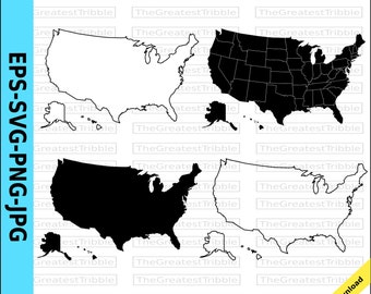 US States Map with Hawaii Alaska svg png jpg Vector Graphic Clip Art, Silhouette, Outline US Map svg eps jpg png