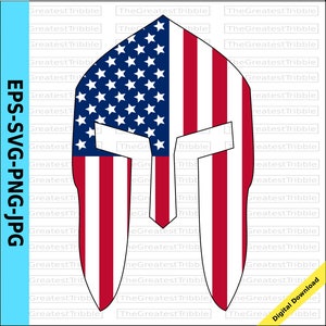 May include: A Spartan helmet with the American flag design. The helmet is white with red and blue stripes and stars.