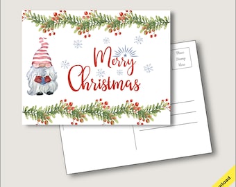 Merry Christmas Postcard Gnome PNG Printable Holiday Postcard Digital Download Printable Christmas Greeting Card Printable Christmas Card