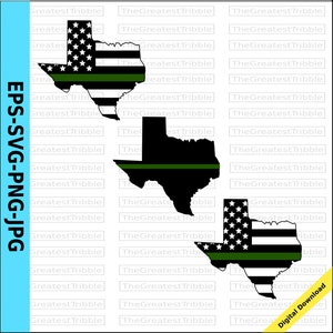 May include: Two digital cut files of the state of Texas. One is a black and white Texas outline with a green stripe across the bottom. The other is a Texas outline with the American flag and a green stripe across the bottom.