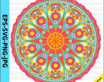Mandala Clip Art eps svg png jpg Vector Graphic Clip Art Bohemian Tribal Pattern Outline Color Pink Yellow
