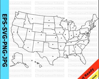 Karta över amerikanska delstater med delstatshuvudstäder eps svg png jpg Vektorgrafik Clip Art, silhuett, kontur Karta över amerikanska delstater Alaska Hawaii delstatshuvudstäder