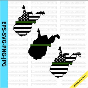 May include: Three black and white West Virginia state outlines with a thin green stripe across the middle. The state outlines are filled with a black and white American flag pattern with a thin green stripe across the middle.