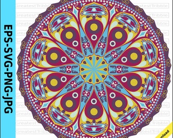 Mandala Clip Art eps svg png jpg Vector Graphic Clip Art Bohemian Tribal Pattern Outline Color Purple Yellow