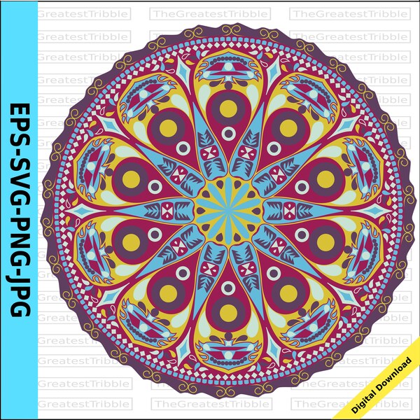 Mandala Clip Art eps svg png jpg Vector Graphic Clip Art Bohemian Tribal Pattern Outline Color Purple Yellow