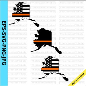 May include: Two versions of the state of Alaska outline, one with a black and white American flag with a thin orange stripe, and the other with a solid black outline with a thin orange stripe.
