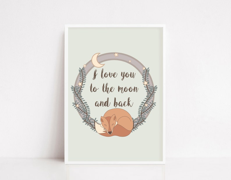 I love you to the moon and back Sleeping Fox Poster Nursery Room Decor Kids Room Decor Baby Gift PNG Woodland Nursery Decor Fox Wall Art image 3