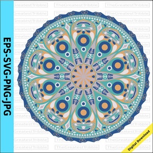 Mandala Clip Art eps svg png jpg Vector Graphic Clip Art Bohemian Tribal Pattern Outline Color Blue Tan image 1