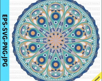 Mandala Clip Art eps svg png jpg Vector Graphic Clip Art Bohemian Tribal Pattern Outline Color Blue Tan