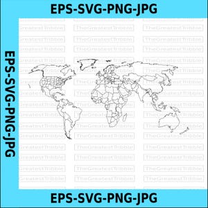 Könnte beinhalten: Eine schwarz-weiße digitale Grafik einer Weltkarte mit klar definierten Ländergrenzen. Der Text EPS-SVG-PNG-JPG erscheint oben und unten, während der Text GreatestTribble in einem Rastermuster über den Hintergrund wiederholt wird.
