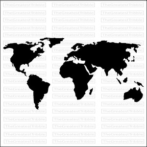 K&ouml;nnte beinhalten: Eine schwarze Silhouette einer Weltkarte mit den Kontinenten Nordamerika, S&uuml;damerika, Europa, Afrika, Asien und Australien. Der Hintergrund ist wei&szlig; und enth&auml;lt ein sich wiederholendes Wasserzeichen mit dem Text TheGreatestTribble.