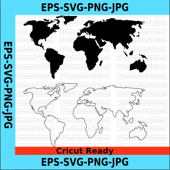 Simple World Map Outline and Silhouette Vector Graphic (digital download - svg, eps, png, jpg)