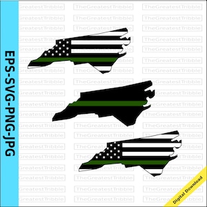 May include: A black and white American flag with a green stripe across the bottom, superimposed on the outline of the state of North Carolina. The flag is repeated in a second image, but the green stripe is at the top of the flag.