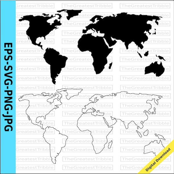 Simple World Map World Countries Map eps svg png jpg Vector Graphic Clip Art, Outline World Map Silhouette World Map