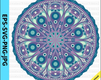 Mandala Clip Art eps svg png jpg Vector Graphic Clip Art Bohemian Tribal Pattern Outline Color Purple Blue