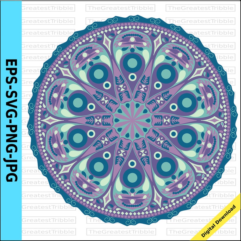 Mandala Clip Art eps svg png jpg Vector Graphic Clip Art Bohemian Tribal Pattern Outline Color Purple Blue image 1