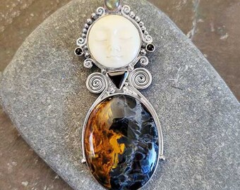 Offerings Sajen Sterling Silver Goddess Pin Pendant with Pietersite, Labradorite, Black Star Diopside, and Garnet