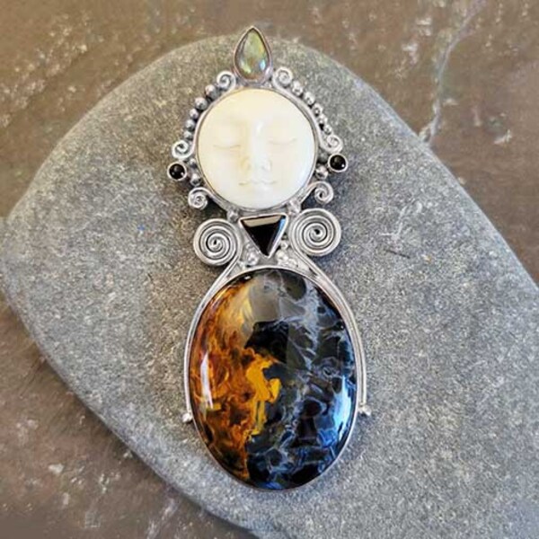 Offerings Sajen Sterling Silver Goddess Pin Pendant with Pietersite, Labradorite, Black Star Diopside, and Garnet