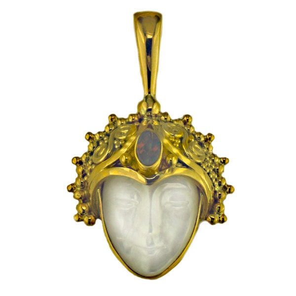 18K GOLD Offerings Sajen Mother of Pearl Goddess Pendant with Natural Opal