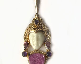 18K GOLD Offerings Sajen Goddess Pendant with Pink Druzy, Amethyst and Pink Tourmaline