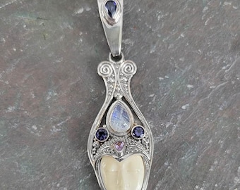 Offerings Sajen Sterling Silver Goddess Pendant with Rainbow Moonstone, Iolite, and Amethyst