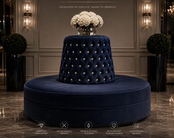 Luxury crystal button tufted round ottoman bench couch for a salon, boutique, hotel