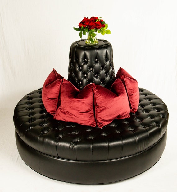 66 Diameter Black Caviar Faux Leather Circle Settee Sofa With Crystal Buttons And Diamond Tufting Bachelor Sexy Fifty Shades Of Grey