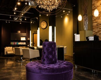 Purple velvet salon boutique round couch bench tufted seat and cone