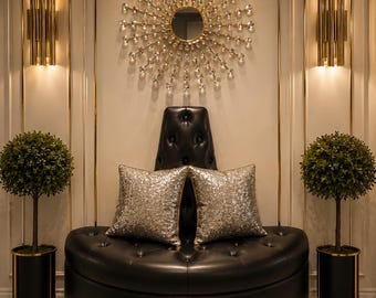 Entryway bench ottoman in black faux leather tufted on seat and cone with crystal buttons