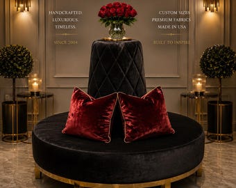 Exclusive quilted round bench with tall cone in black velvet fabric