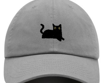Black Cat Embroidered Dad Hat | Cute Baseball Cap | Adjustable Cotton Twill Cap | Trendy Animal Hat for Men & Women | Casual Cat Lover Gift
