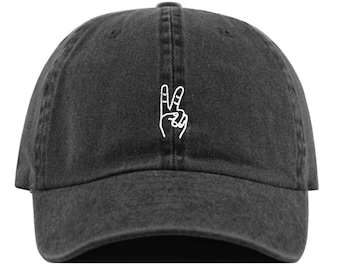 PEACE HAND Baseball Hat, Embroidered Dad Cap • Victory Hand Two Fingers • Unstructured Six Panel • Adjustable Strap Back