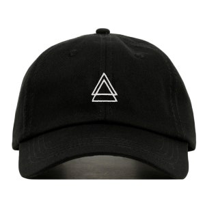 May include: A black baseball cap with a white embroidered geometric design of two overlapping triangles.