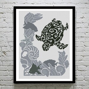May include: Black and white cross-stitch pattern featuring a stylized turtle, a bird, and floral designs. The turtle is in the center of the design and is surrounded by the other elements.