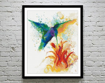 Modern cross stitch bird cross stitch gift cross stitch Rainbow Art cross stitch pattern hummingbird baby embroidery Digital