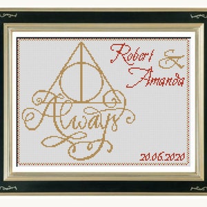 May include: Cross-stitch pattern featuring the Deathly Hallows symbol from the Harry Potter series, with the words "Always" and "Robert & Amanda" in cursive script. The date "20.06.2020" is also included.