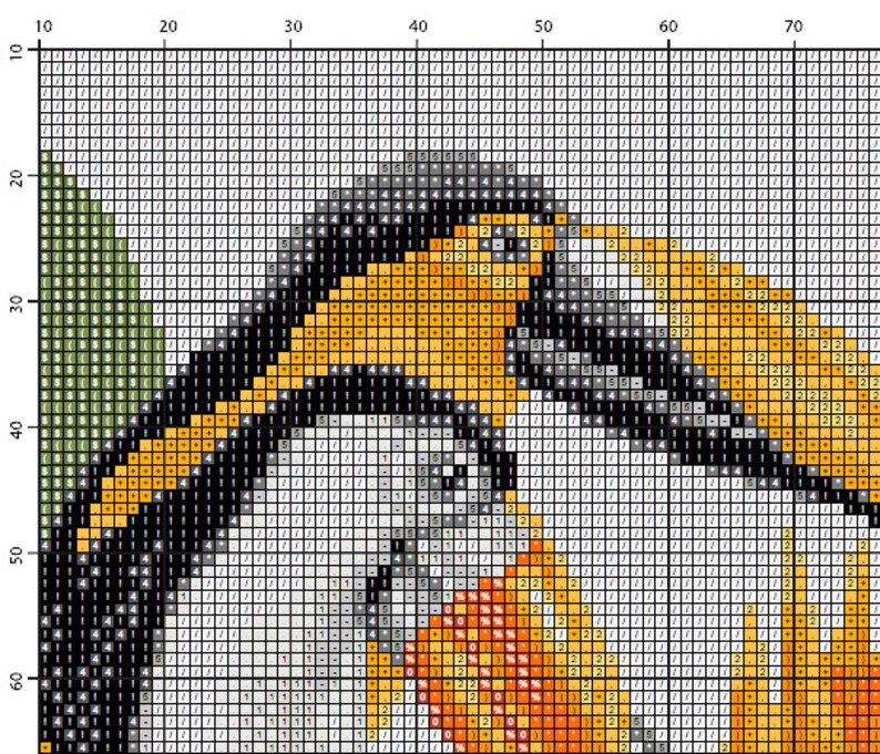 May include: Close-up of a cross-stitch pattern featuring a toucan with a black, white, and yellow beak, and a yellow, orange, and red body. The toucan is perched on a branch with green leaves.