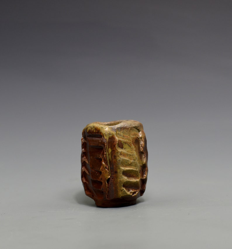 Wood fired yunomi tea cup with natural ash glazes Woodfired Japanese style wabisabi stoneware.