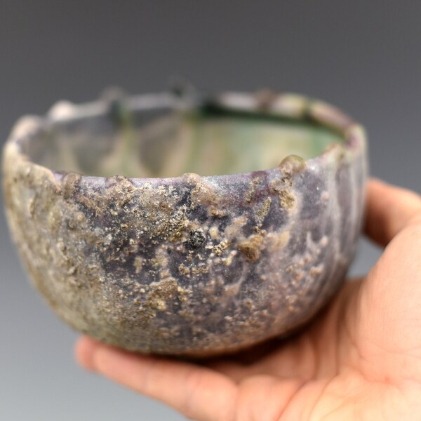 Wood-fired, ember-buried matcha chawan, Japanese teabowl, woodfired stoneware with natural ash glaze. Pottery, ceramic, tea ceremony.