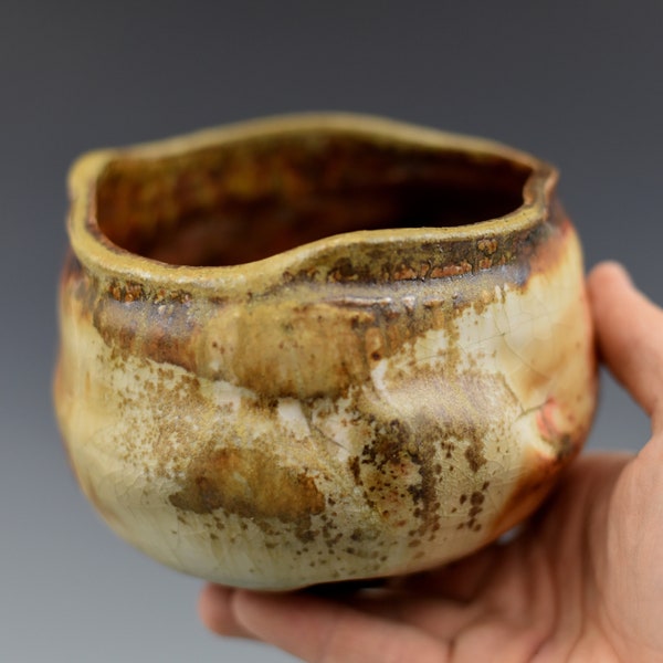 Wood fired matcha chawan, Japanese teabowl, woodfired stoneware with natural ash and shino glazes. Pottery, ceramic, tea ceremony.