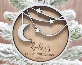 Baby's First Christmas Ornament 2023, Personalized Keepsake Gift For New Baby, Custom Wood Engraved Ornaments, Moon And Star Ornament